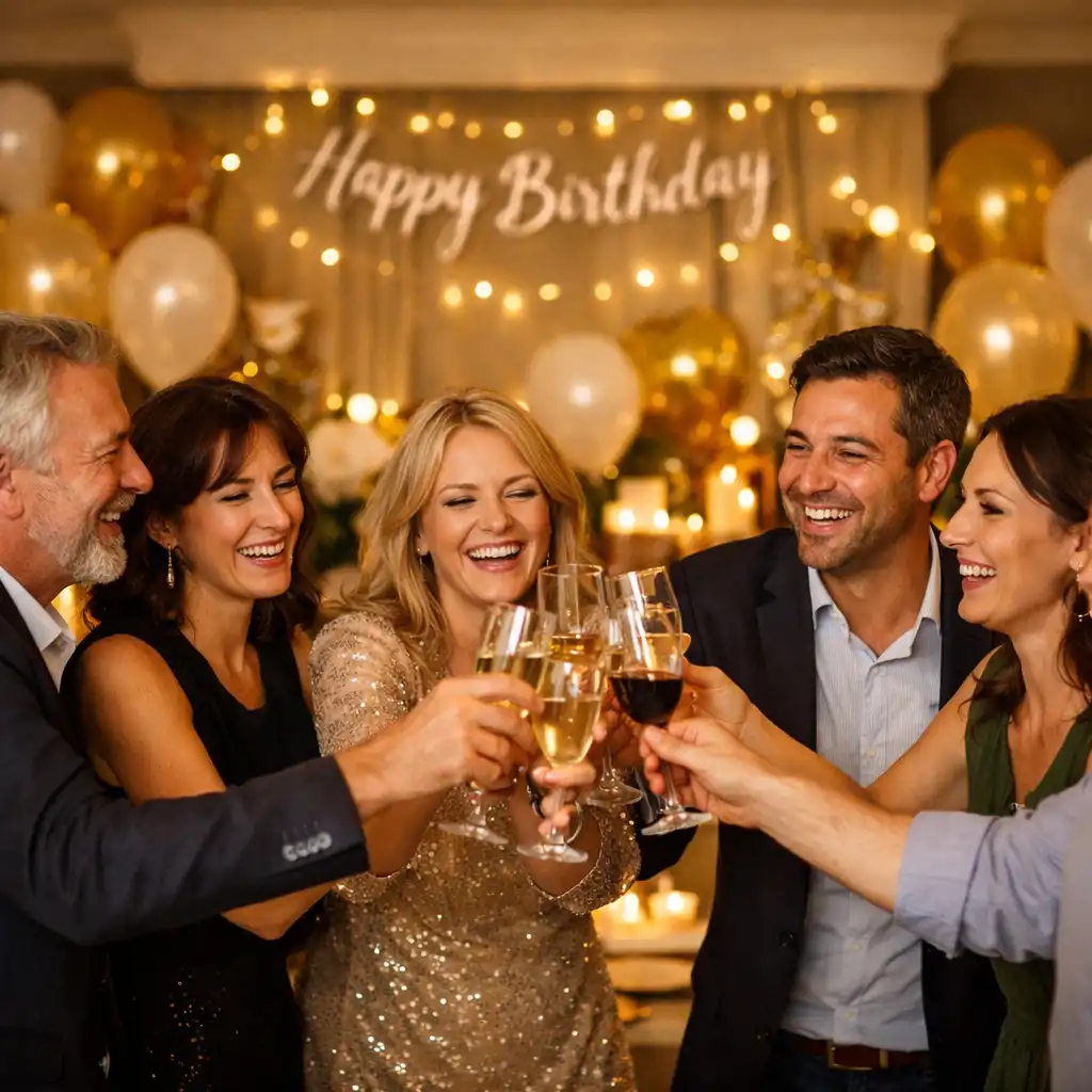 Privát ünnepség, ahol vendégek poharat emelnek egy elegánsan díszített teremben