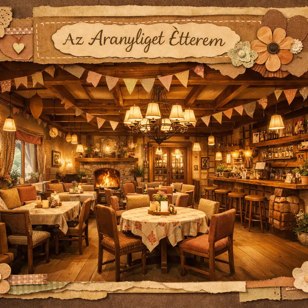 Az Aranyliget étterem meleg, otthonos belső tere scrapbooking dekorációval
